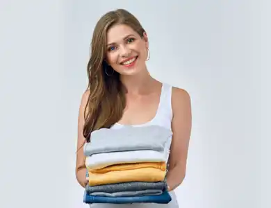 Lady Holding Laundry Gray Background 1920X650